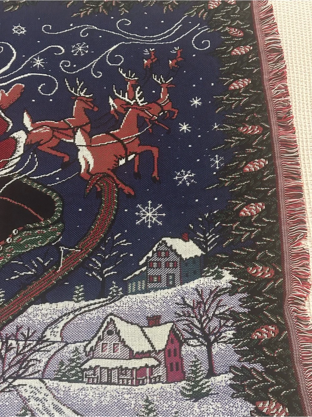 Tapestry Santa Sleigh Holiday Throw Blanket - Navy and Red